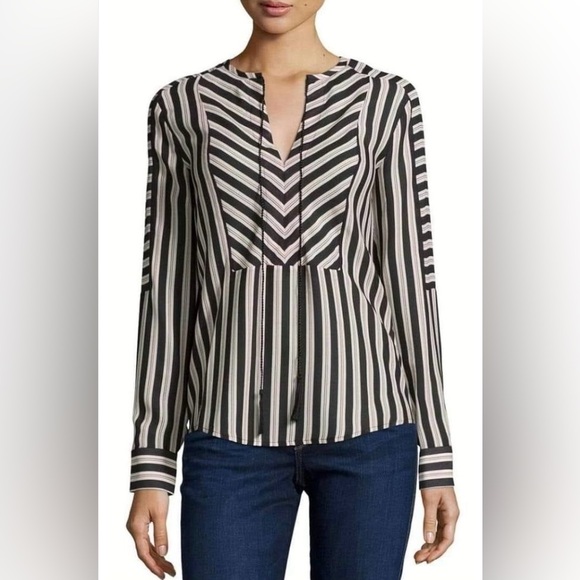 Rachel Zoe Tops - Rachel Zoe Mairi 100% Silk Black White Red Striped Tassel Blouse